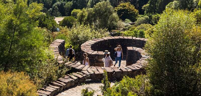 People walking down winding path