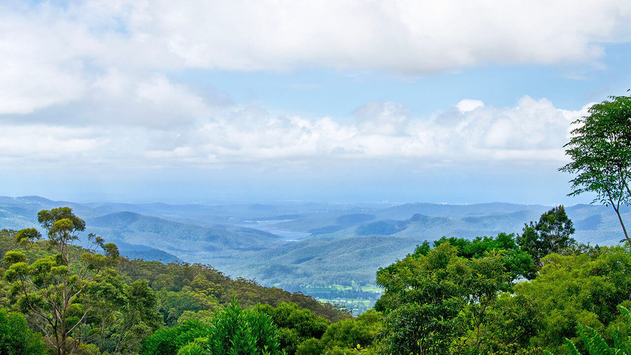 Lookout over bush and valley with blue skies