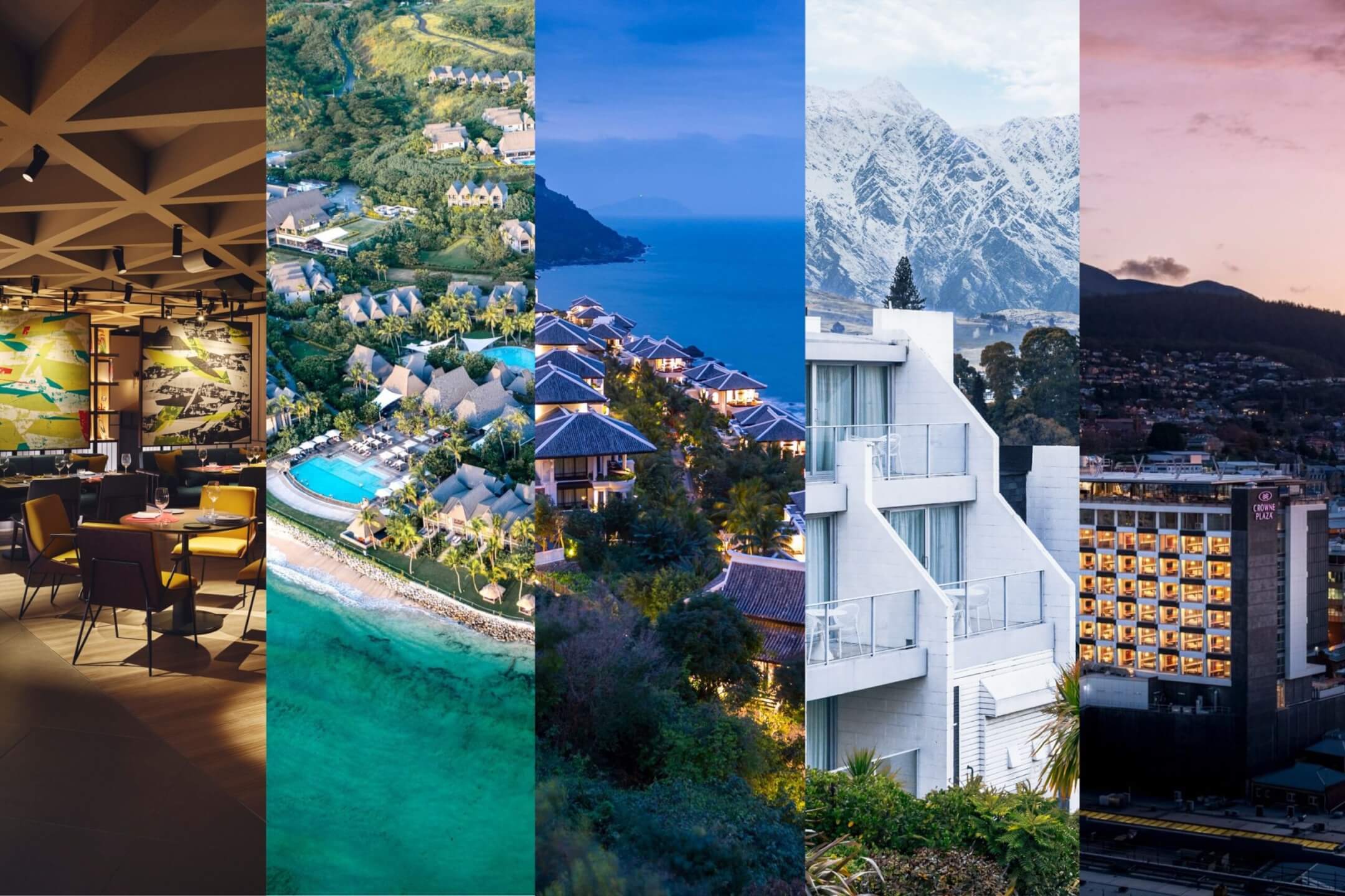Collage of five resort destinations.