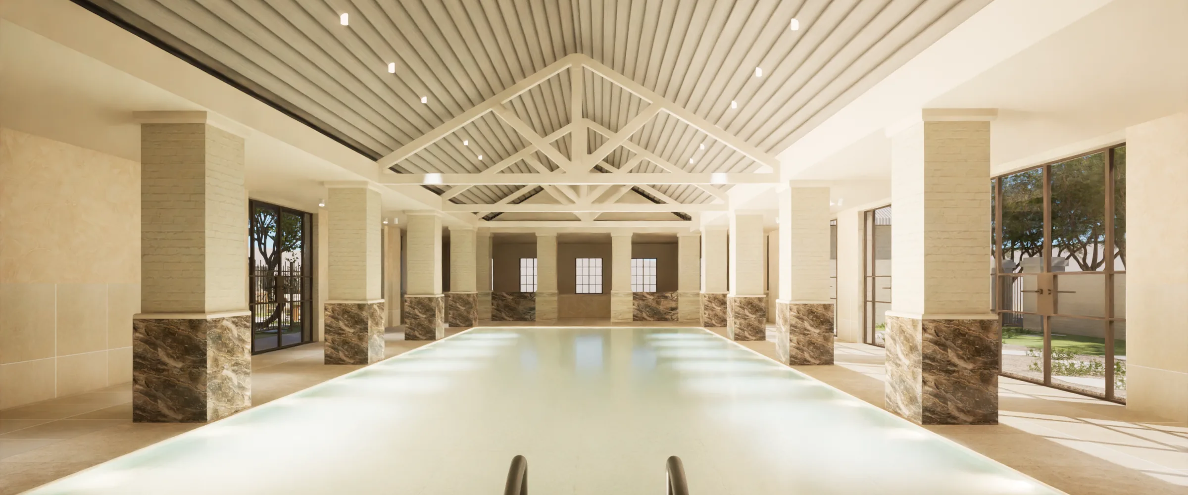 Indoor magnesium mineral pool beneath a vaulted timber ceiling at VELA Spa & Bathhouse